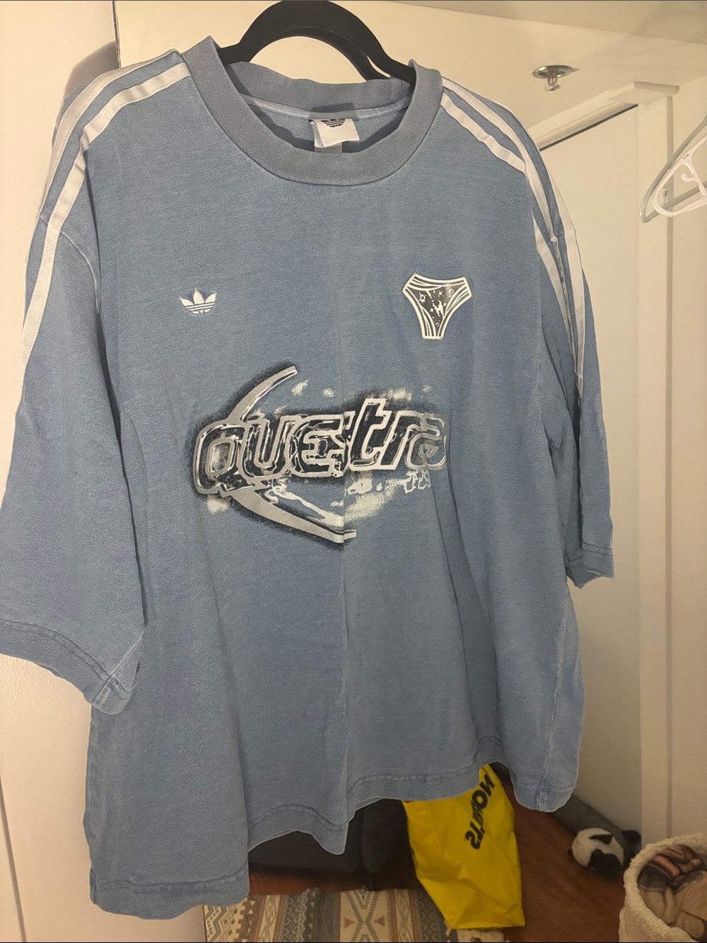 adidas Light Blue Graphic Short Sleeve Tee with White Stripes